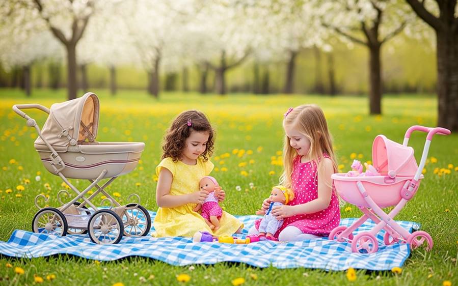 Dwie dziewczynki podczas pikniku pod drzewami bawią się lalkami i wózkami dla lalek na świeżym powietrzu.
